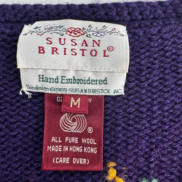 Vintage Susan Bristol Hand Embroidered 1989 Purple Pure Wool Cardigan Medium NEW - Picture 4 of 8
